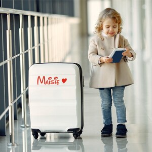 Custom suitcase sticker name. Red sticker with heart. Custom-made in three different sizes.