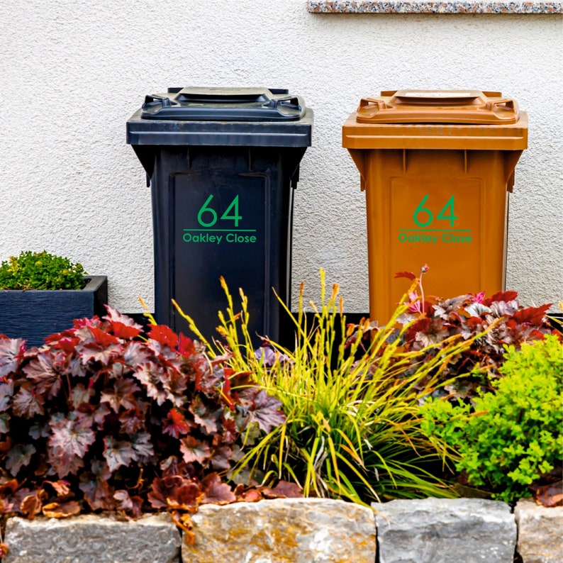 Custom, green wheelie bin decals with your personalised house number and address. They are handmade using waterproof vinyl. Sold in a variety of sizes in sets of 2, 3 or 4.