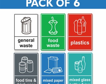 Set of 6 Recycling Bin Stickers | Waterproof Recycling Bin Labels for Kitchen, Office or Home Bins | Various Sizes Available