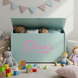 A pink personalised vinyl toy box name sticker reading 'Olivia's Toy Box' applied to a pastel green toy chest, surrounded by soft toys and blocks in a child's playroom, ideal custom toy box decal for smooth, flat surfaces.