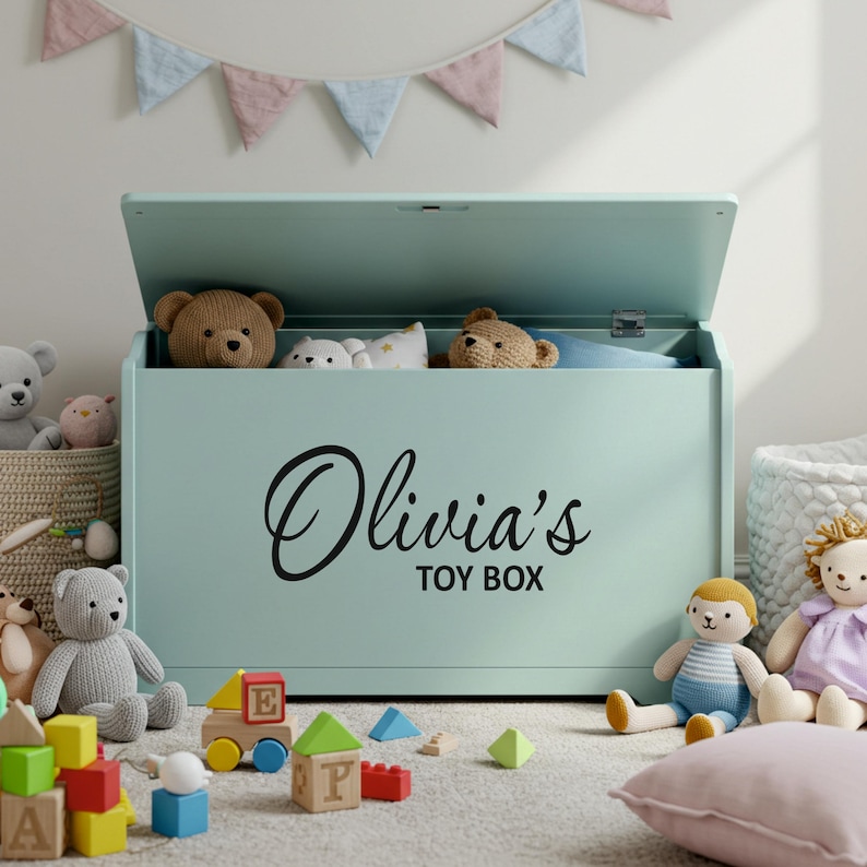 A black personalised vinyl toy box name sticker reading 'Olivia's Toy Box' applied to a pastel green toy chest, surrounded by soft toys and blocks in a child's playroom, ideal custom toy box decal for smooth, flat surfaces.