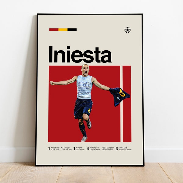 Andrés Iniesta Poster- Perfect for Fans! • Spain Football, FC Barcelona, Mid Century Modern, Bedroom Art, Office wall art, DIGITAL DOWNLOAD