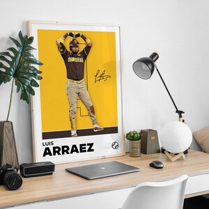 Luis Arraez San Diego Padres baseball poster – minimalist wall art featuring Arraez in celebration stance with jersey number 4 and printed signature, perfect for sports fans, bedroom or office decor.