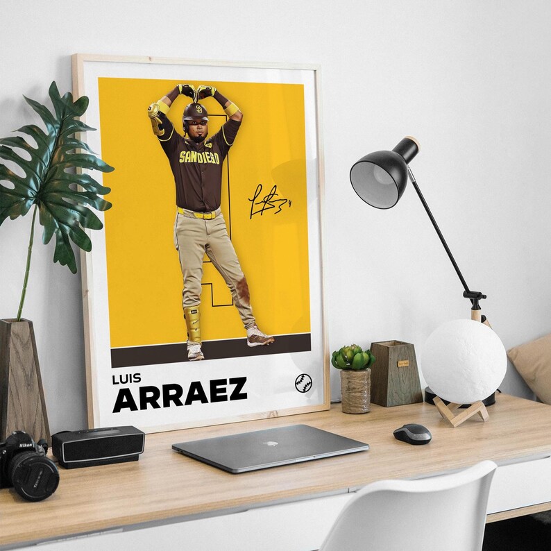 Luis Arraez San Diego Padres baseball poster – minimalist wall art featuring Arraez in celebration stance with jersey number 4 and printed signature, perfect for sports fans, bedroom or office decor.