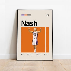 Può includere: Un poster incorniciato con il nome "Nash" in grandi lettere nere. Il poster mostra una foto di un giocatore di basket con la maglia dei Suns, numero 13. Elenca anche i successi NBA: 8 All-Star, 2 Most Valuable Player, 3 First Team e 5 Assist Leaders.