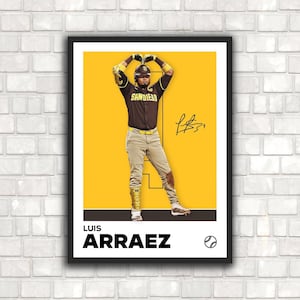 Luis Arraez San Diego Padres baseball poster – minimalist wall art featuring Arraez in celebration stance with jersey number 4 and printed signature, perfect for sports fans, bedroom or office decor.
