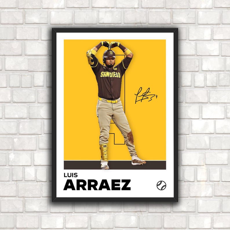 Luis Arraez San Diego Padres baseball poster – minimalist wall art featuring Arraez in celebration stance with jersey number 4 and printed signature, perfect for sports fans, bedroom or office decor.