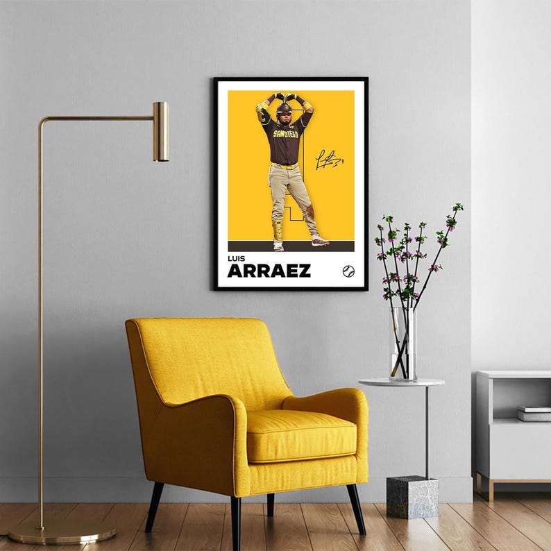 Luis Arraez San Diego Padres baseball poster – minimalist wall art featuring Arraez in celebration stance with jersey number 4 and printed signature, perfect for sports fans, bedroom or office decor.
