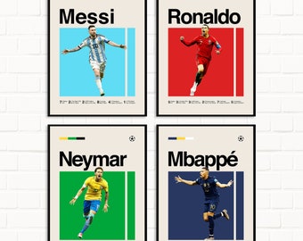Soccer Legends Poster - Messi Ronaldo Mbappe Neymar Art Print, Minimalist Mid century Modern Football Wall Art DIGITAL DOWNLOAD