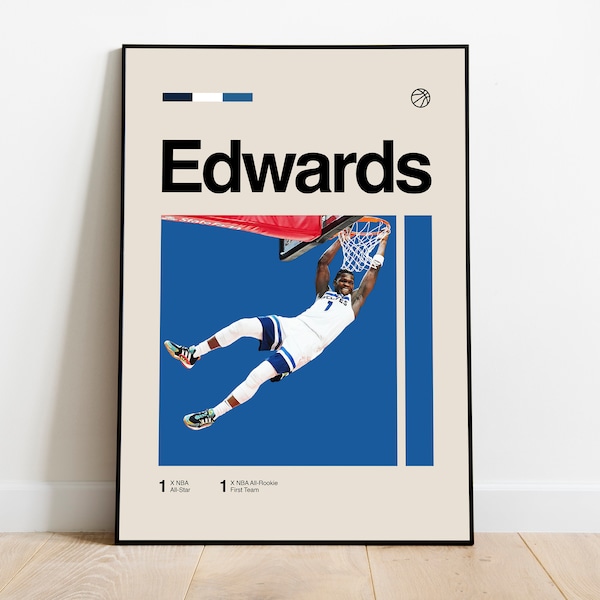 Anthony Edwards Poster - NBA Art Print • Minnesota Timberwolves, Minimalist, Mid Century Modern, Bedroom, Office Wall Art DIGITAL DOWNLOAD