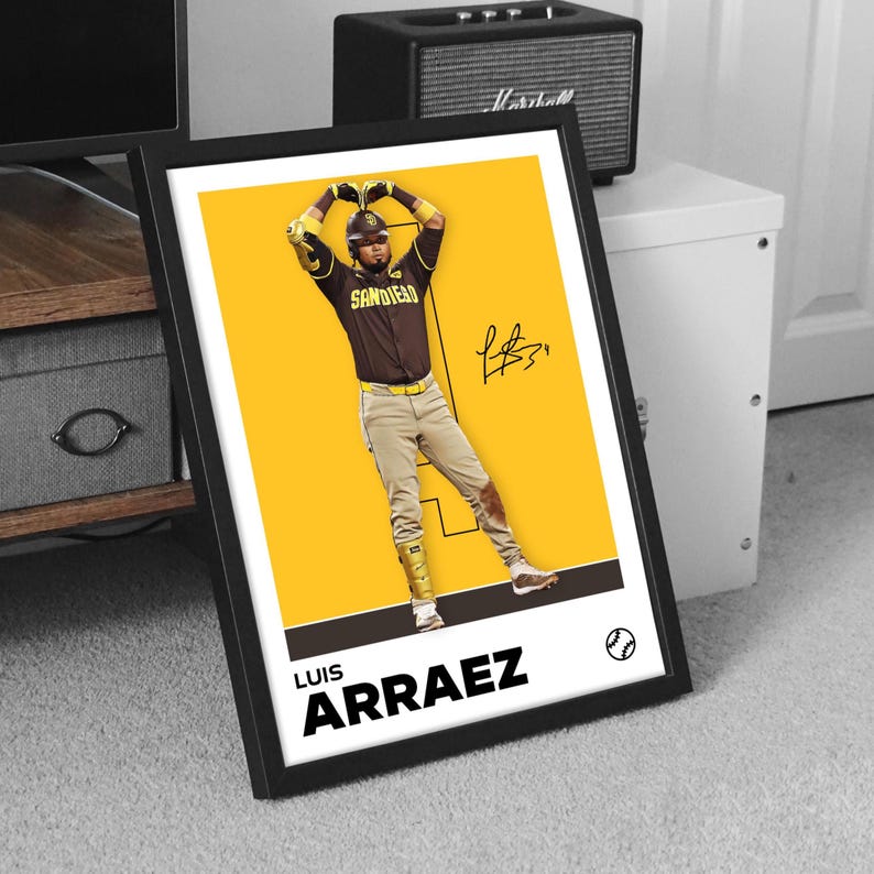 Luis Arraez San Diego Padres baseball poster – minimalist wall art featuring Arraez in celebration stance with jersey number 4 and printed signature, perfect for sports fans, bedroom or office decor.