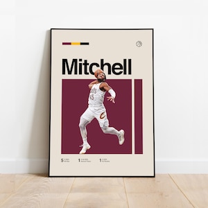 May include: A basketball poster featuring a player in a white jersey with the number 45 and the word "Cavs" on it. The player is jumping in the air and holding a basketball. The poster has a maroon background with the player's name "Mitchell" in black text at the top. The poster also includes the player's stats: 5 All-Star, 1 All-NBA Second Team, and 1 All-Rookie.