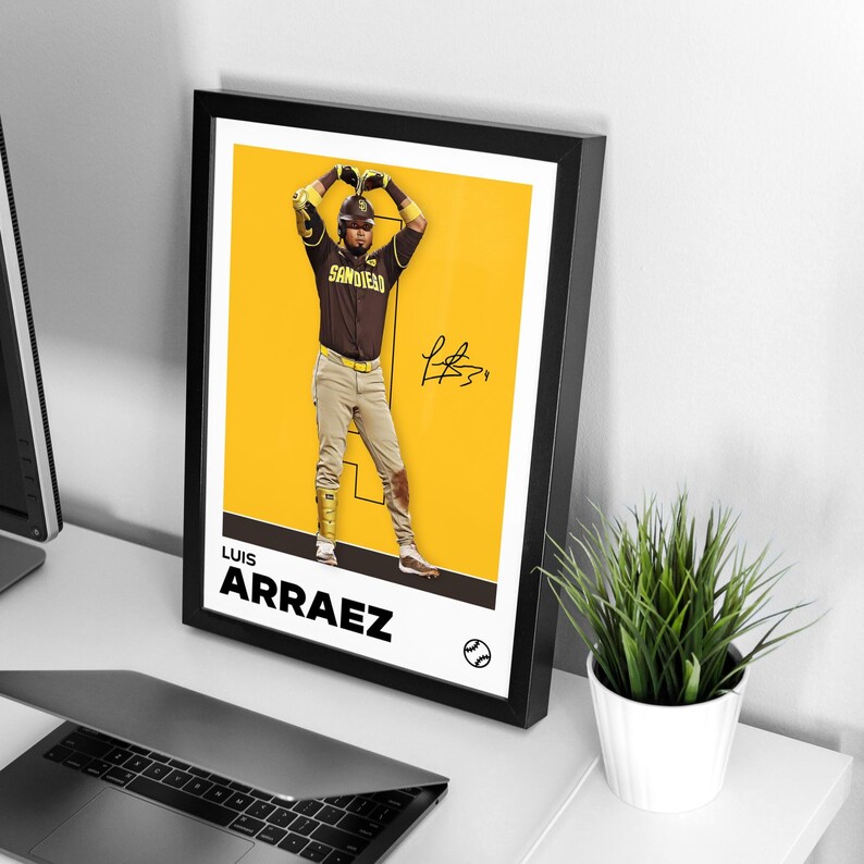 Luis Arraez San Diego Padres baseball poster – minimalist wall art featuring Arraez in celebration stance with jersey number 4 and printed signature, perfect for sports fans, bedroom or office decor.
