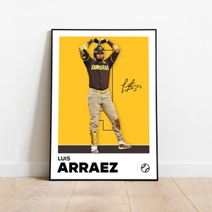Luis Arraez San Diego Padres baseball poster – minimalist wall art featuring Arraez in celebration stance with jersey number 4 and printed signature, perfect for sports fans, bedroom or office decor.
