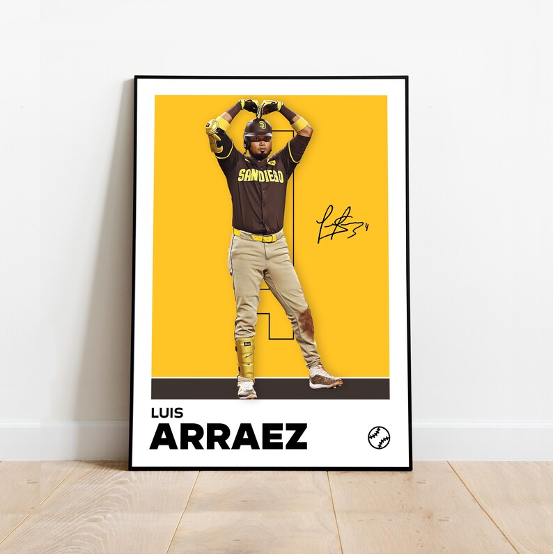 Luis Arraez San Diego Padres baseball poster – minimalist wall art featuring Arraez in celebration stance with jersey number 4 and printed signature, perfect for sports fans, bedroom or office decor.