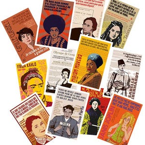 Cartes postales "Fameuses femmes" série 1 : série de 12 cartes postales de femmes célèbres avec citation. Format 10X15 cm.