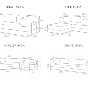 May include: Line drawing of four different sofa styles: single, ottosofa, corner, and grand. Each sofa is labeled with its name and dimensions in inches and centimeters. The single sofa is 80 inches long, the ottosofa is 80 inches long, the corner sofa is 80 inches long, and the grand sofa is 80 inches long.