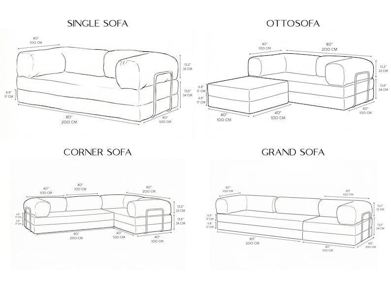 May include: Line drawing of four different sofa styles: single, ottosofa, corner, and grand. Each sofa is labeled with its name and dimensions in inches and centimeters. The single sofa is 80 inches long, the ottosofa is 80 inches long, the corner sofa is 80 inches long, and the grand sofa is 80 inches long.