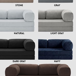 May include: A collection of modular sofas in various colors, including stone, gray, natural, light gray, dark gray, navy, and dark brown. Each sofa features a corduroy texture and rounded armrests. The names of the colors are displayed below each sofa.