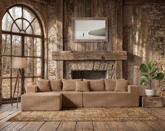 Oversized Modular Brown Lounge Sofa, Contemporary Floor Couch, Cozy L Shape Sectional, Minimalist Seating Set