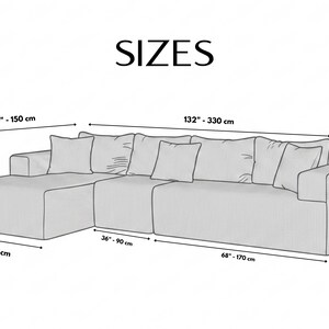 May include: Diagram of a sectional sofa with dimensions in inches and centimeters. The sofa is light-colored with multiple cushions. The image includes measurements: 60"-150 cm, 132"-330 cm, 30"-75 cm, 36"-90 cm, 68"-170 cm, 16"-40 cm, 8"-20 cm, and 36"-90 cm.