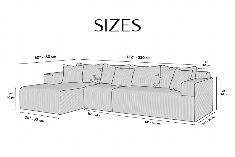 May include: Diagram of a sectional sofa with dimensions in inches and centimeters. The sofa is light-colored with multiple cushions. The image includes measurements: 60"-150 cm, 132"-330 cm, 30"-75 cm, 36"-90 cm, 68"-170 cm, 16"-40 cm, 8"-20 cm, and 36"-90 cm.