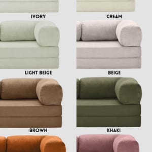 May include: A collection of modular sofas in various colors, including ivory, cream, light beige, beige, brown, khaki, burnt orange, and rose. Each sofa features a corduroy texture and a rounded armrest. The color names are displayed below each sofa.