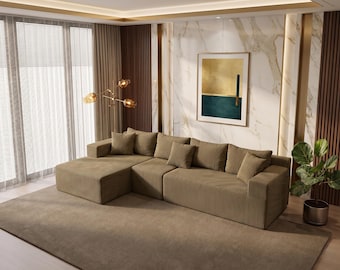 Oversized Modular Sofa, Khaki Colored Sofa, Washable Floor Couch, Modern L Shape Seating