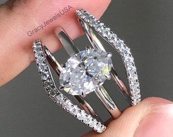 Trio ring set hidden halo ring set oval cut diamond jewelry ideal for anniversary, wedding,engagement gift[CUSTOM ORDER]