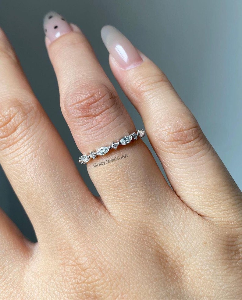 Round and Marquise Moissanite Wedding Band Full Eternity Band Marquise