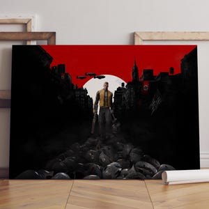 May include: A digital art print featuring a man in a yellow jacket and holding weapons, standing on a pile of helmets. The background is a cityscape with a red sky, a large sun, and flying aircraft. The image has a dark, dramatic tone.