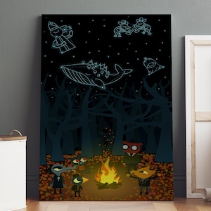 May include: A canvas print with a whimsical illustration of a nighttime forest scene. The artwork depicts a campfire surrounded by cartoon-like characters, with constellations and a whale in the night sky. The colour palette includes dark blues, oranges, and yellows.