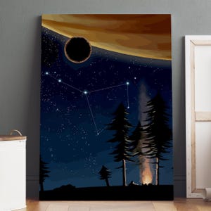 May include: A canvas print depicting a night scene with a starry sky, a constellation, and silhouetted pine trees. A campfire glows beneath the trees, with a planet and a dark celestial body in the background. The color palette includes blues, browns, and oranges.
