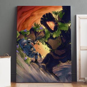 May include: An action-packed digital art print depicts a futuristic soldier facing a massive, animated stone creature. The soldier, clad in blue armor, aims a weapon. The creature, covered in vegetation, has a glowing orange eye. The background features a fiery sky.