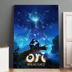 May include: A canvas print of the video game "Ori and the Blind Forest." The artwork features a glowing tree, a creature sitting on a branch, and the game's title in white. The color palette is dominated by blues and greens.
