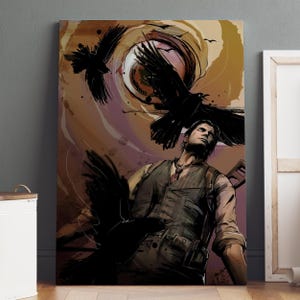 May include: An artistic print featuring a man looking upwards, with black crows flying around him. The background has a swirling design in shades of brown, purple, and yellow. The man is wearing a vest and a collared shirt.