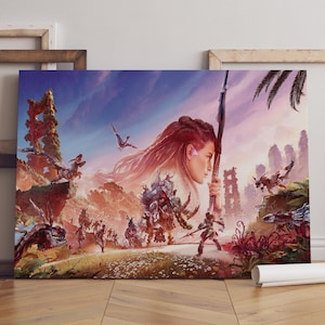 Op de afbeelding: Een canvas print met een fantasielandschap. Een vrouw met rood haar houdt een wapen vast, met een gedetailleerde achtergrond van wezens en figuren. Het kunstwerk heeft een dynamische compositie met een mix van kleuren.