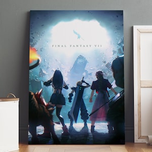 May include: A rectangular wall art print featuring the Final Fantasy VII logo and characters standing before a bright, glowing portal. The scene depicts three figures from behind, including one with a large sword, amidst floating debris and light.
