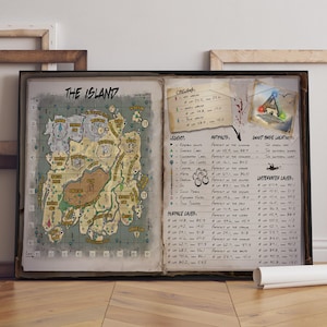 May include: A framed print displaying a detailed map labelled "The Island." The map is hand-drawn with various locations marked, accompanied by handwritten notes, legends, and lists of artifacts. The colour palette includes greens, browns, and tans, creating a vintage aesthetic.