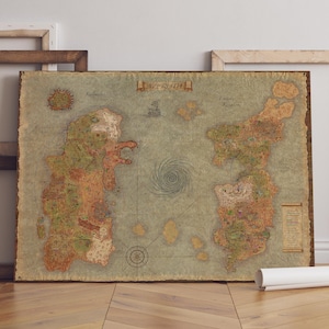 May include: A framed map of Azeroth, featuring detailed illustrations of Kalimdor and the Eastern Kingdoms. The map has a vintage aesthetic with a parchment-like background and a wooden frame. The map includes text such as "Azeroth" and "Eastern Kingdoms".