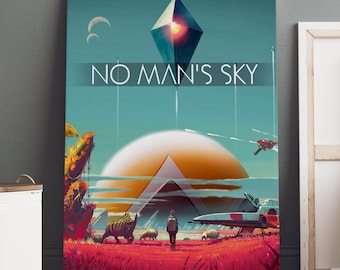 Può includere: Un poster vibrante con la scritta "NO MAN'S SKY". L'opera raffigura un oggetto a forma di diamante, un grande sole e una persona che cammina nell'erba rossa. Sono visibili anche astronavi e creature aliene.