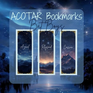 Może przedstawiać: Trzy zakładki z postaciami z serii A Court of Thorns and Roses. Każda zakładka przedstawia inną postać: Azriela, Rhysanda i Cassiana. Zakładki są ozdobione gwiezdnym nocnym niebem i górami.