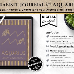 Könnte beinhalten: Digitaler Download eines Astrologie-Journals für Wassermann. Das Journal beinhaltet ein anpassbares Geburtshoroskop, einen Mondphasen-Tracker, einen Transit-Tracking-Kalender, Monats- und Wochenkalender, einen Journal-Bereich und digitale Astrologie-Sticker. Das Cover zeigt einen violetten Hintergrund mit einem goldenen Wassermann-Symbol und den Worten "Wassermann, Visionär, Einzigartig, Intellektuell".
