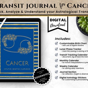 Könnte beinhalten: Ein digitaler Download für ein Transit-Journal für Krebs. Das Cover zeigt einen blauen Hintergrund mit goldenen Streifen und ein goldenes Krebs-Sternzeichen. Der Text "TRANSIT JOURNAL for CANCER" befindet sich oben im Bild. Der Text "DIGITAL Download" befindet sich in einem blauen Kreis oben rechts im Bild. Der Text "CANCER INTUITIVE | SENSITIVE | NURTURING" befindet sich unten im Bild. Der Text "Includes:" befindet sich oben rechts im Bild. Eine Liste der Funktionen befindet sich unter dem Text "Includes:".