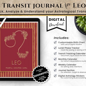 Könnte beinhalten: Digitaler Download eines Transit-Journals für das Sternzeichen Löwe. Das Journal beinhaltet ein anpassbares Geburtshoroskop, einen Mondphasen-Tracker, einen Transit-Tracking-Kalender, einen Monatskalender, einen Wochenkalender, einen Journal-Bereich und digitale Astrologie-Sticker. Das Cover zeigt ein goldenes Löwensymbol auf rotem Hintergrund.