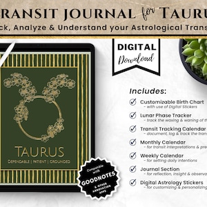 Könnte beinhalten: Digitaler Download eines druckbaren Transit-Journals für Stier. Das Journal enthält ein anpassbares Geburtshoroskop, einen Mondphasen-Tracker, einen Transit-Tracking-Kalender, einen Monatskalender, einen Wochenkalender, einen Journal-Bereich und digitale Astrologie-Sticker. Das Cover zeigt ein goldenes Stier-Symbol auf grünem Hintergrund.