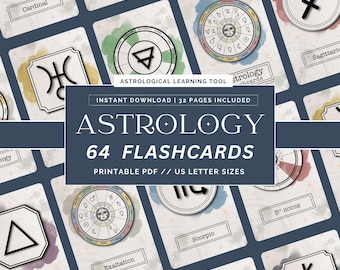 Könnte beinhalten: Ein Satz von 64 druckbaren Astrologie-Karteikarten. Die Karteikarten sind als Lernhilfe für Astrologie konzipiert. Die Karteikarten zeigen verschiedene astrologische Symbole, darunter die Sternzeichen, Planeten und Häuser. Die Karteikarten sind auf weißem Papier mit einem Aquarellhintergrund gedruckt.