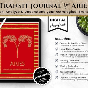 Könnte beinhalten: Digitaler Download eines druckbaren Transit-Journals für Widder. Das Journal enthält ein anpassbares Geburtshoroskop, einen Mondphasen-Tracker, einen Transit-Tracking-Kalender, einen Monatskalender, einen Wochenkalender, einen Journal-Bereich und digitale Astrologie-Sticker. Das Cover zeigt einen roten Hintergrund mit goldenen Streifen und einem goldenen Widder-Symbol.