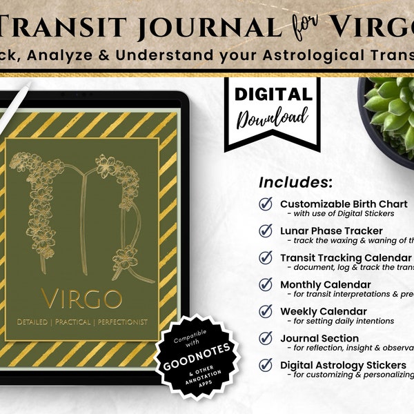 Transit Journal | Virgo Sign | Astrology Transit Tracker | Astrology Information | Astrology Symbols | Bullet Journal | Birth Chart | eBook