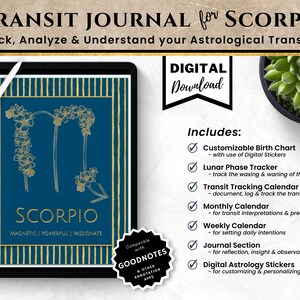 Könnte beinhalten: Digitaler Download eines druckbaren Transit-Journals für Skorpion. Das Cover zeigt ein goldenes Skorpion-Sternzeichen auf blauem Hintergrund mit goldenen Streifen. Das Journal enthält ein anpassbares Geburtshoroskop, einen Mondphasen-Tracker, einen Transit-Tracking-Kalender, einen Monatskalender, einen Wochenkalender, einen Journal-Bereich und digitale Astrologie-Sticker.